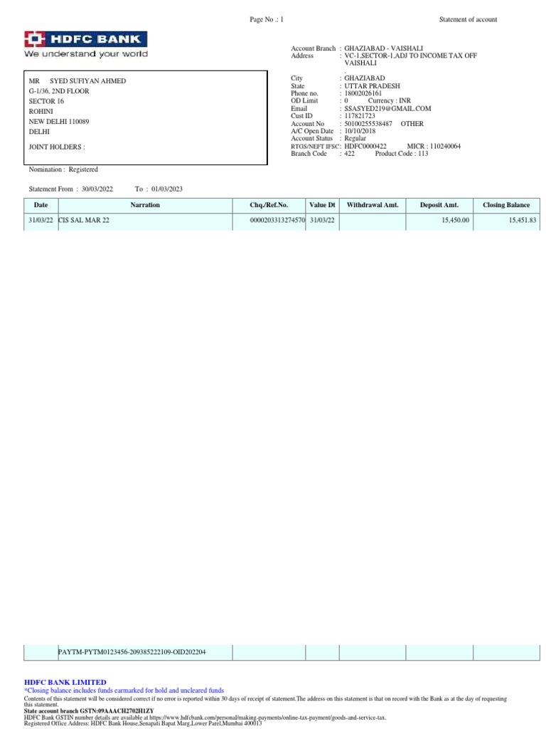 HDFC Bank Account Statement Mar 2022 - Mar 2023 | PDF | Financial ...