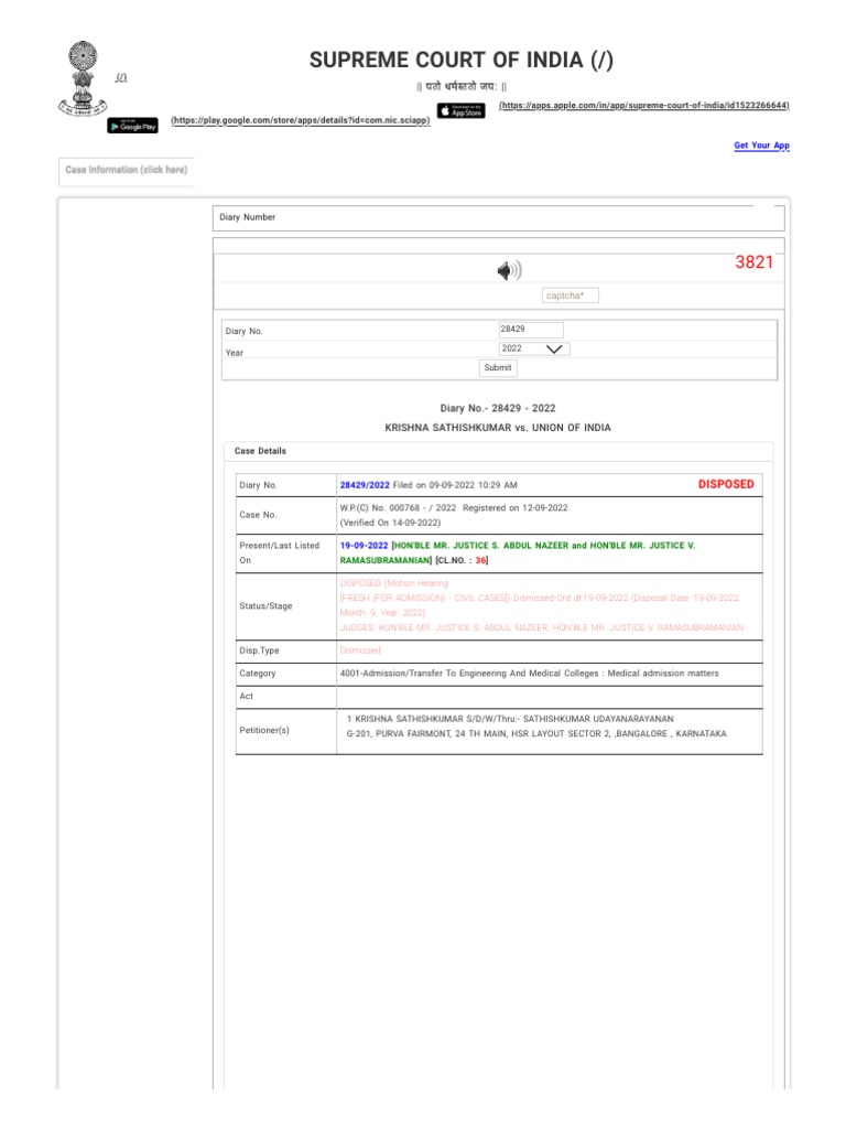 Case Status Supreme Court of India Jipmer 2022 PDF New Delhi