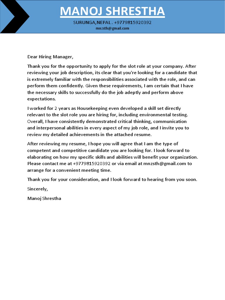 Housekeeping Job Application Letter | PDF