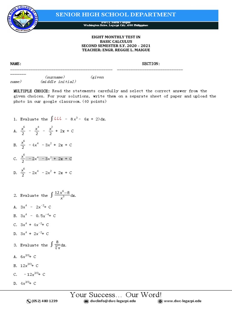 8th Monthly Test in Basic Cal Ans | PDF | Area | Geometry