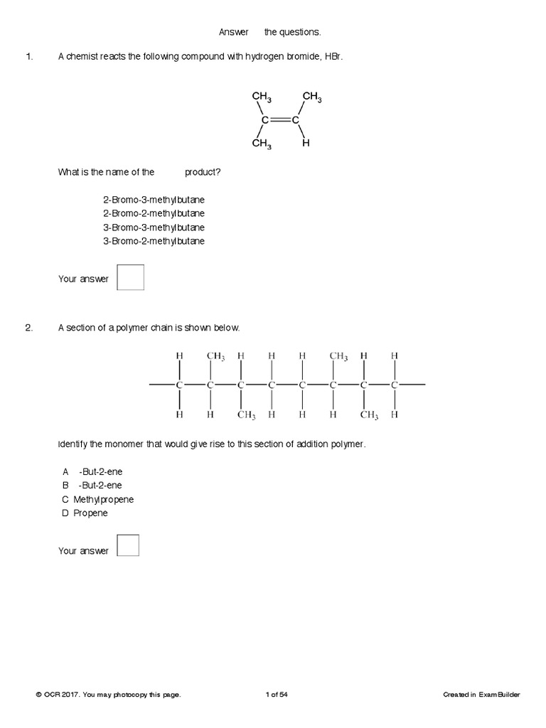 Alkenes Questions | PDF | Alkene | Chemical Reactions