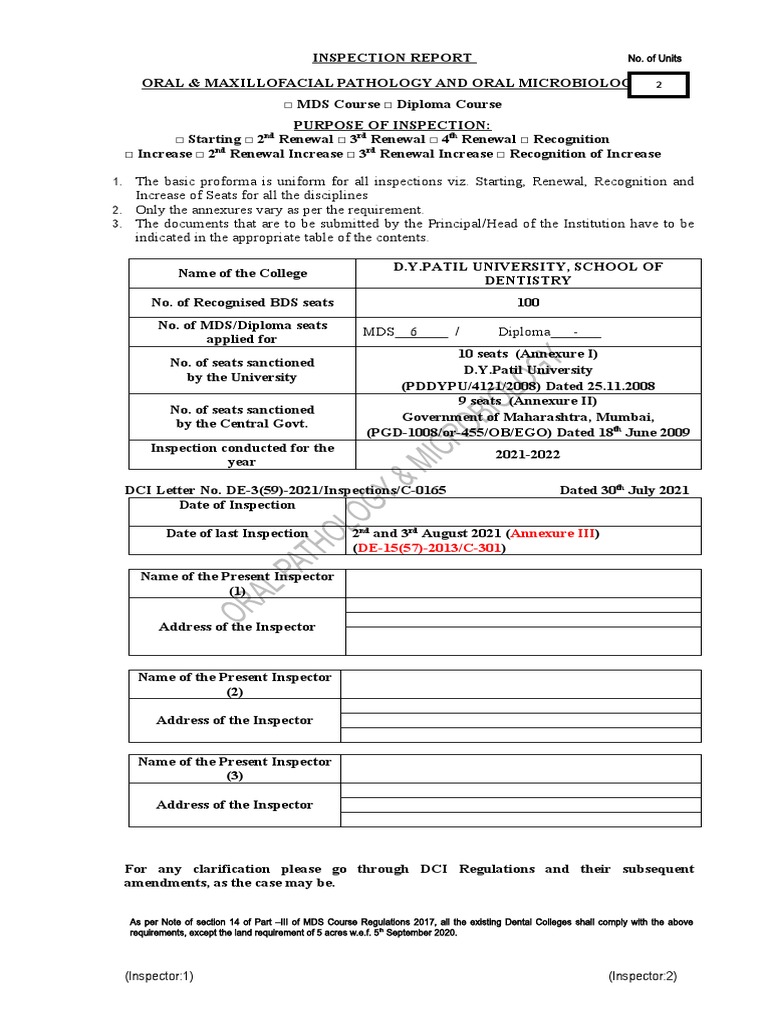 DCI MDS Inspection Report 2021-22 | PDF | Pathology | Oral And ...