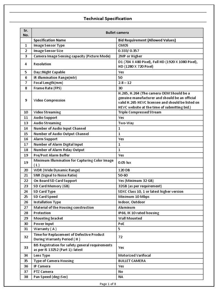 Technical specification sr no bullet camera specification name bid