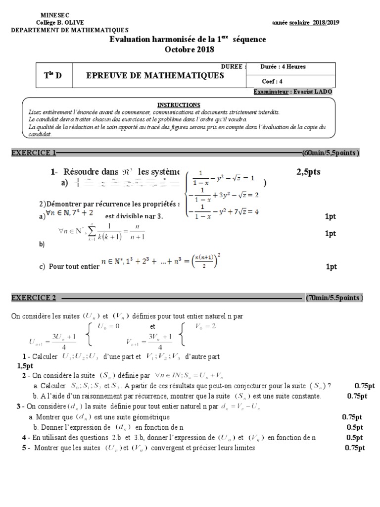 Évaluation de Mathématiques Tle D 2018 | PDF | Nombre complexe ...
