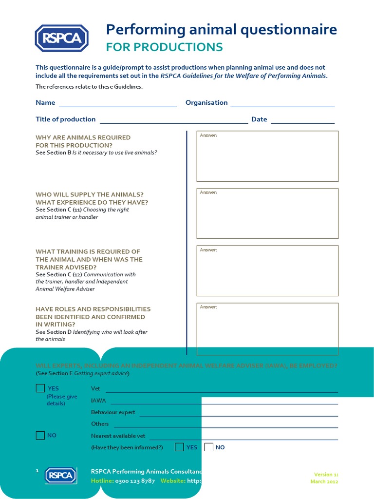 Animal Questionnaire PDF Animal Welfare