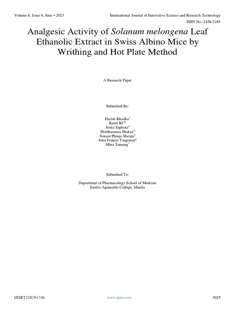 Analgesic Activity of Solanum Melongena Leaf Ethanolic Extract in Swiss