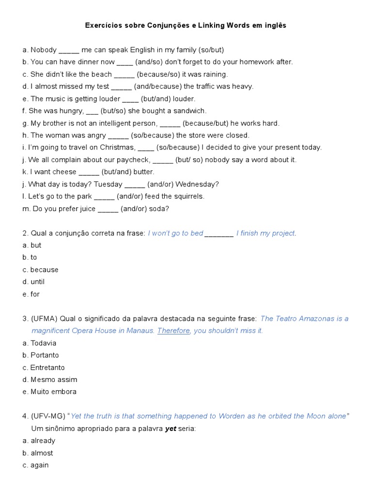 Exercícios Sobre Conjunções E Linking Words Em Inglês Pdf
