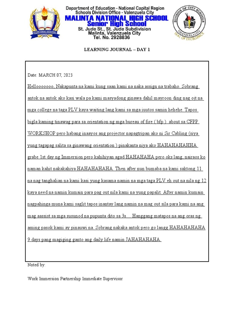 Work Immersion Journal - Sheena | PDF