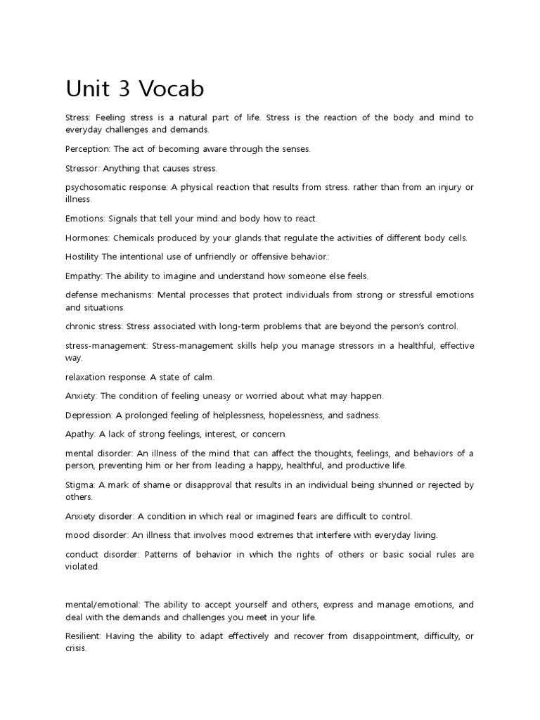 Unit 3 Vocab Health PDF Psychotherapy Stress (Biology)