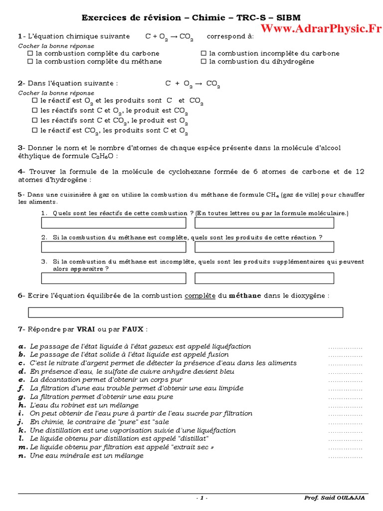 Exercices de révision en chimie | PDF | La combustion | Ion