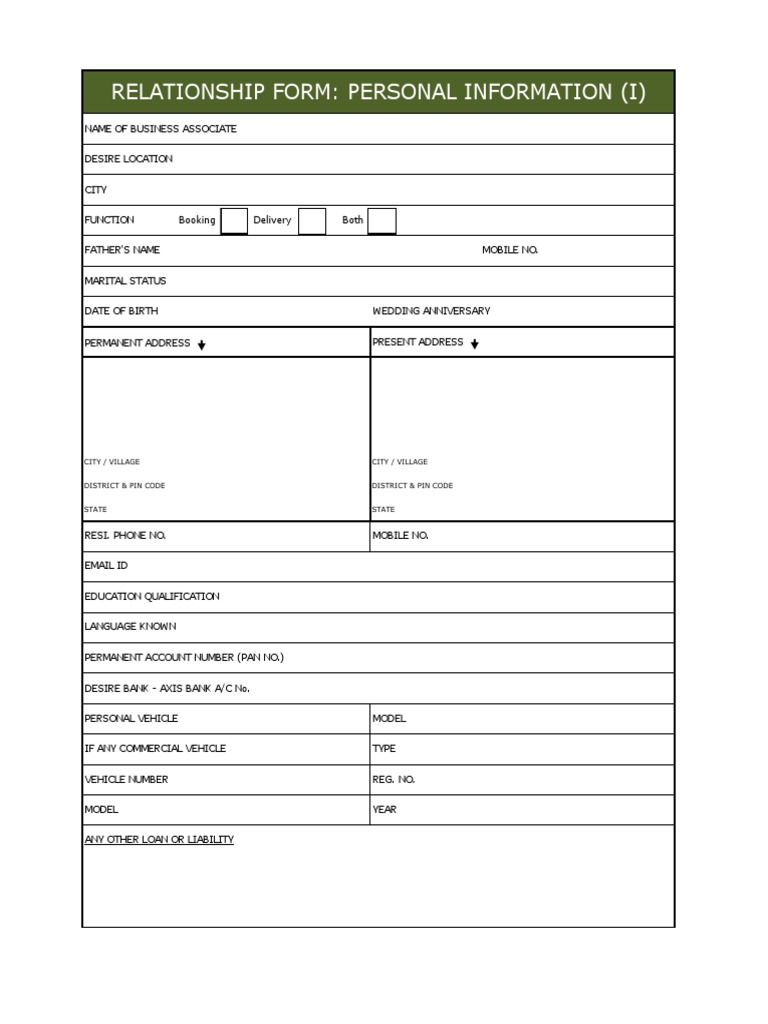 Safe Express RELATIONSHIP FORM PDF Personal Identification Number