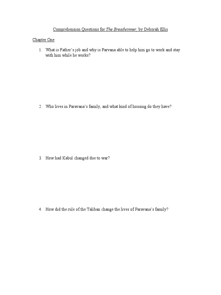 The Breadwinner Comprehension Questions PDF