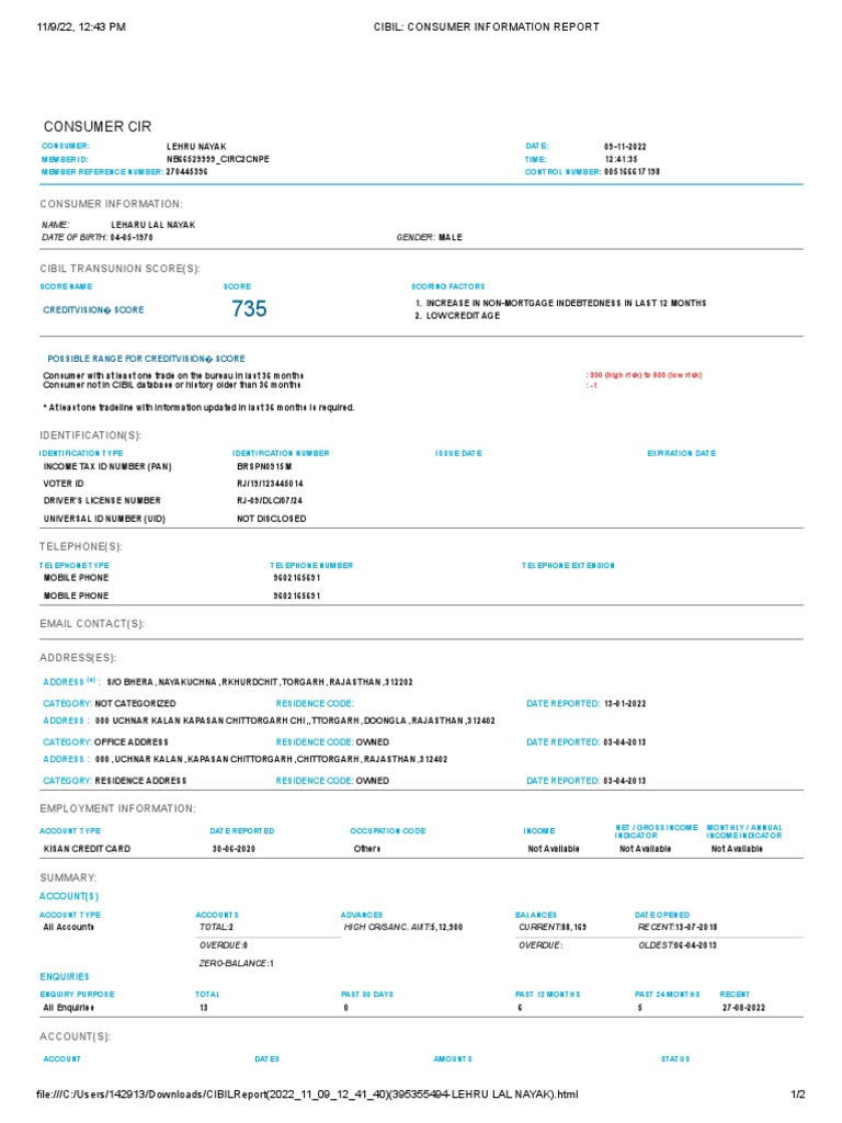 Cibil Consumer Information Report PDF Loans Credit