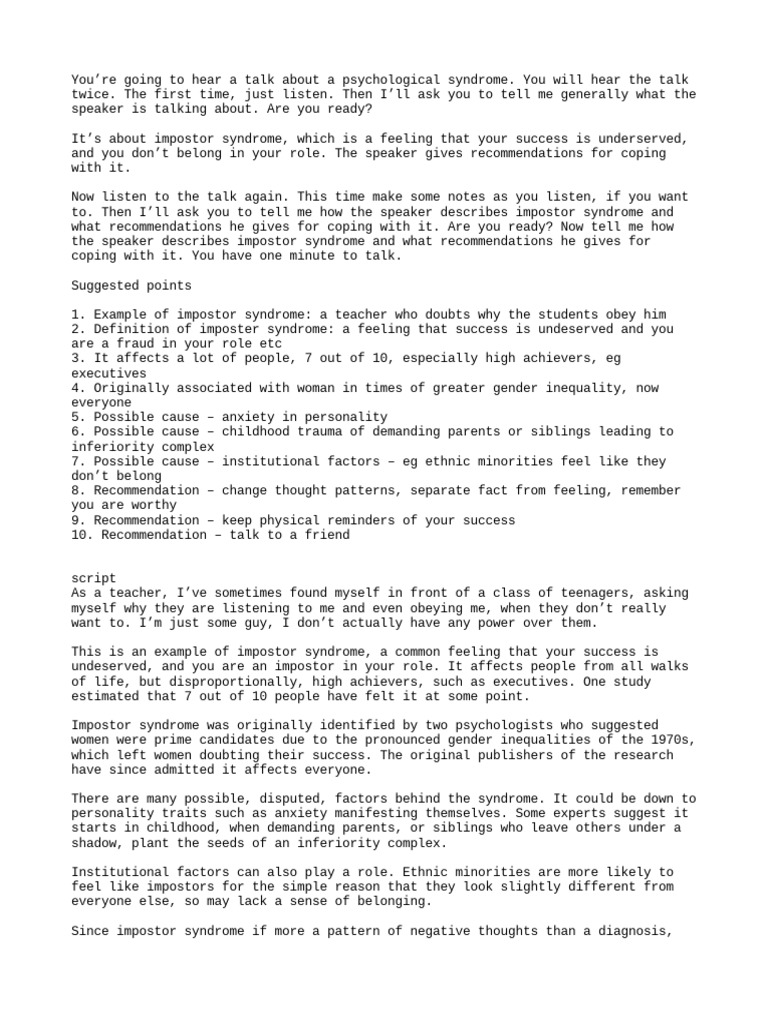 Ise Iii Listening 11 Impostor Syndrome 1 Pdf Behavioural Sciences