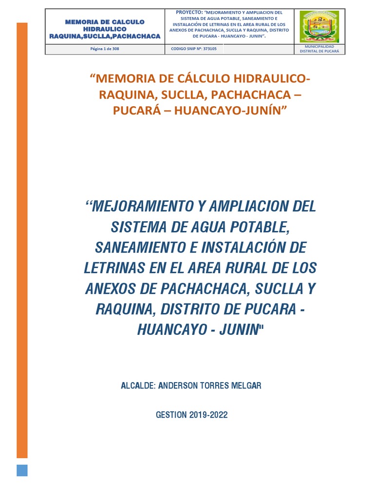 7 1 memoria de calculo hidraulico pucara pdf agua ingenier a qu mica