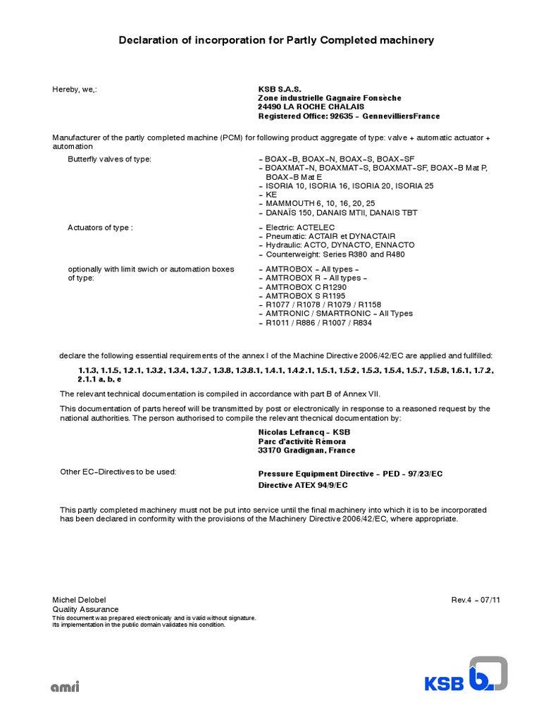 Declaration for Partly Completed Machinery | PDF | Machines ...