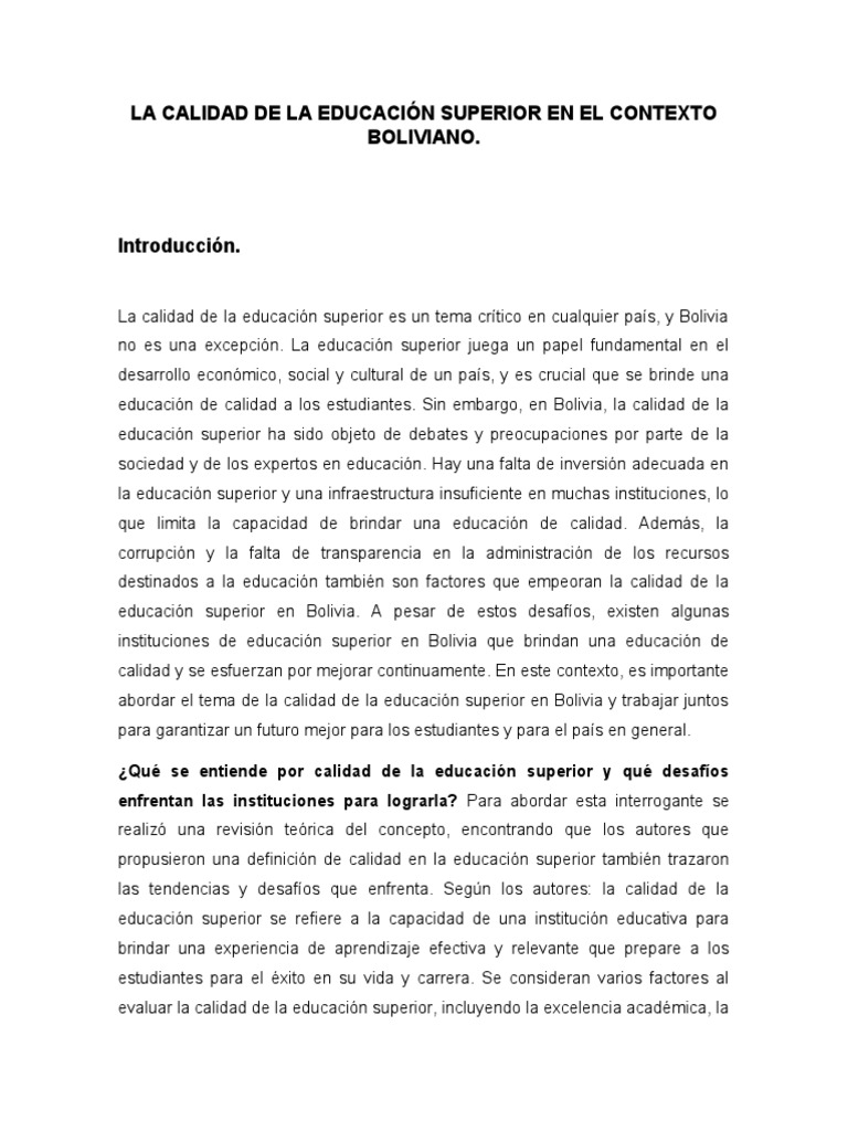 La Calidad de La Educación Superior en El Contexto Boliviano | PDF