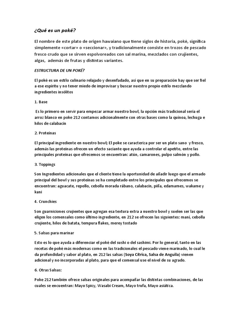 Guía del Poké: Ingredientes y Preparación | PDF | Cocinando | Alimentos