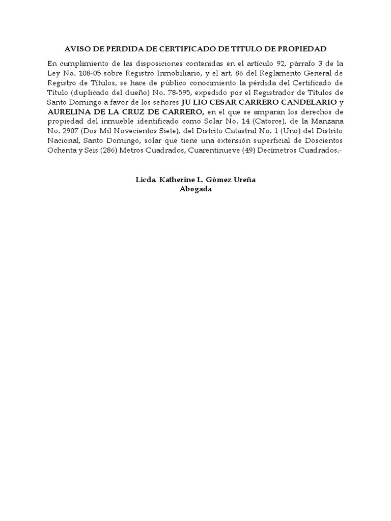 Aviso de Perdida de Certificado de Titulo de Propiedad PDF
