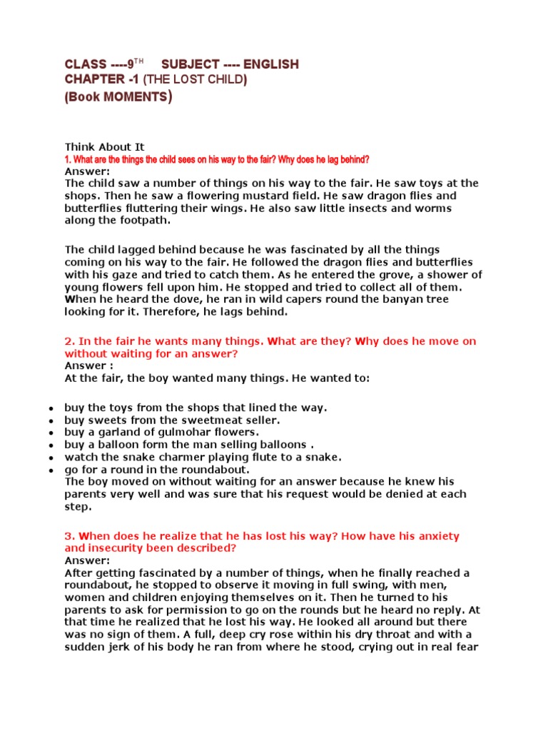 The Lost Child Question Answers PDF