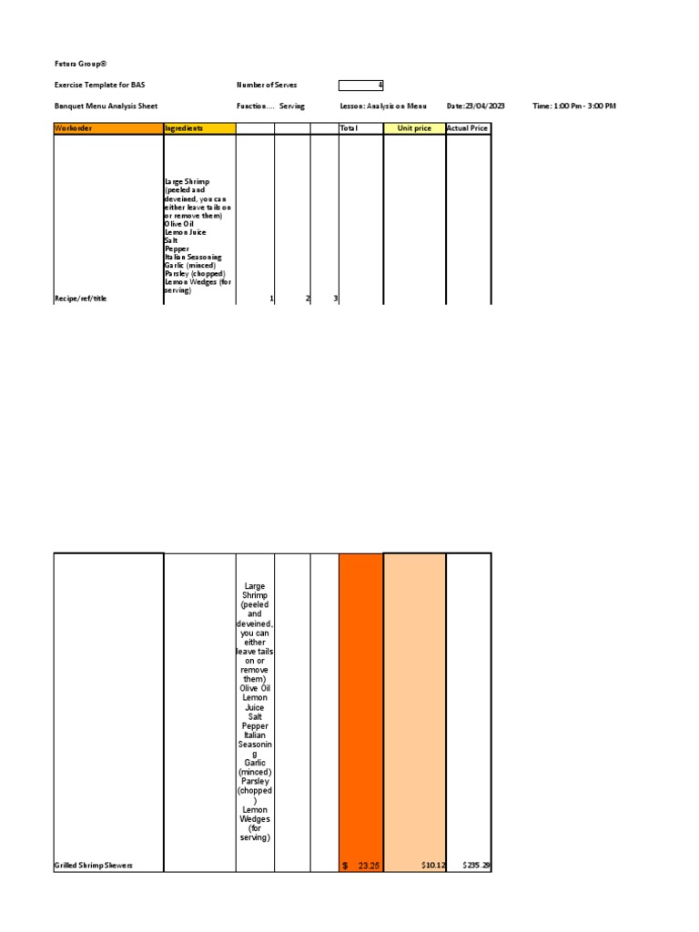 Exercise Template For BAS Banquet Menu Analysis Sheet Unit Price Actual