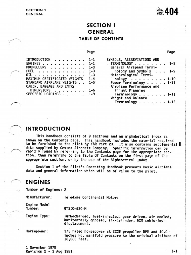 Manual de Vuelo Cessna 404 - Section 1 - General | PDF