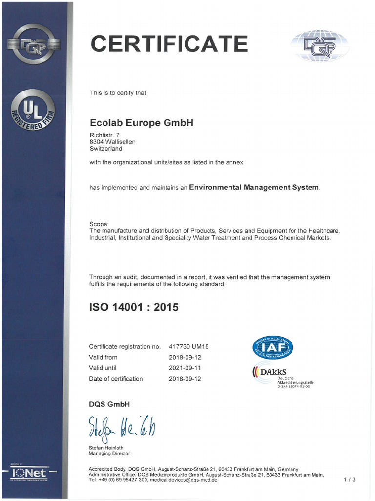 Ecolab Europe ISO 14001 pdf | PDF