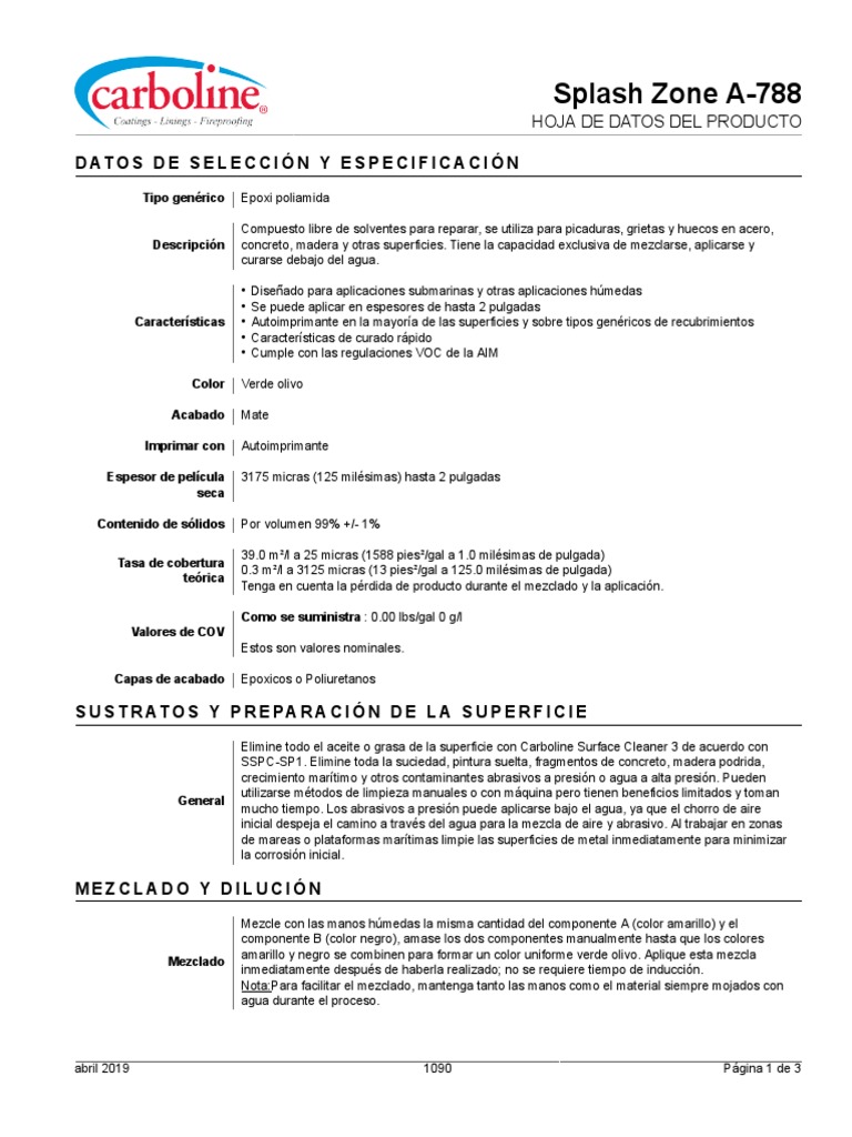 Splash Zone A788 PDS PDF Agua Epoxy