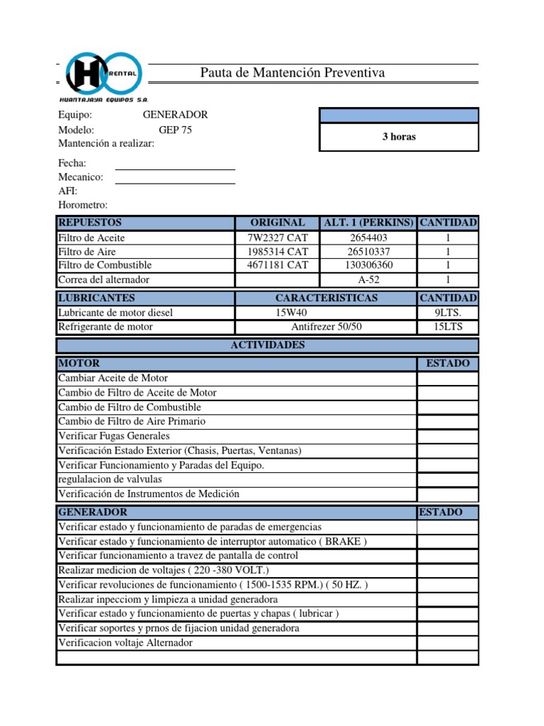 Pauta de Mantencin Generador GEP-75 | PDF