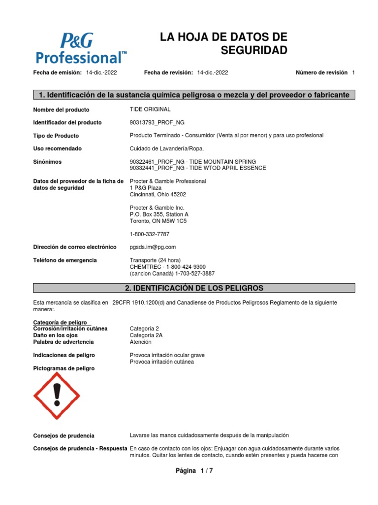 Hoja de Datos de Seguridad de Tide | PDF | Contaminación | Agua