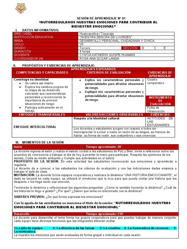 Sesión de Aprendizaje 01-2023 - DPCC | PDF | Las emociones | Evaluación