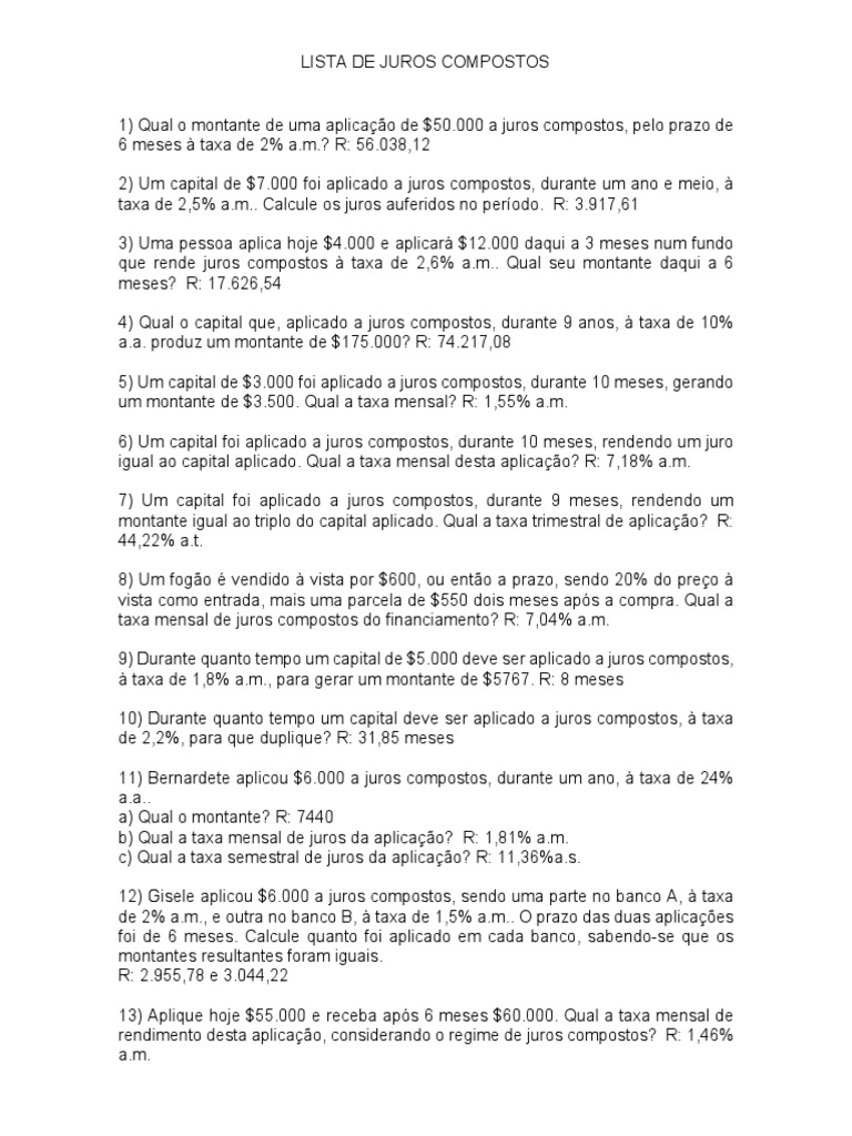 Exercícios de Juros Compostos Resolvidos | PDF | Juros | Serviços ...