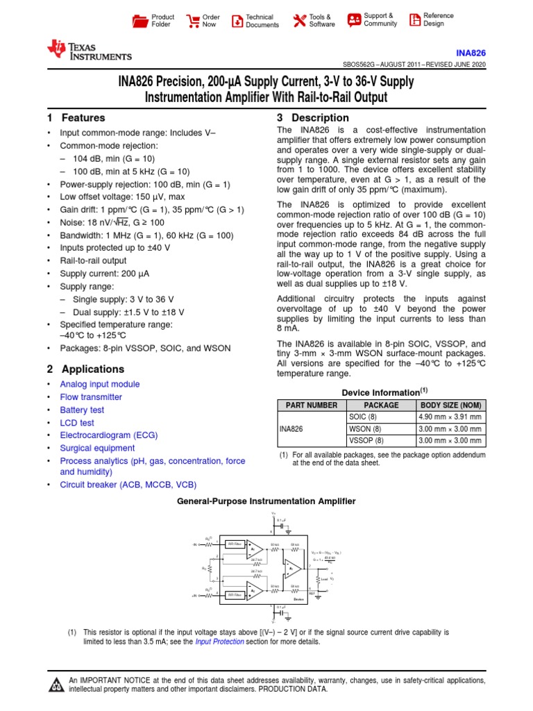 INA826 Precision Instrumentation Amplifier | PDF | Electrostatic ...