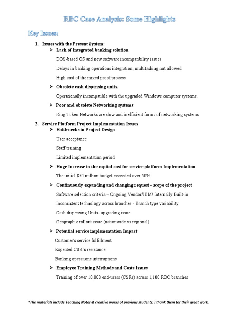 Rbc Case Highlights For The Class Download Free Pdf Corporate