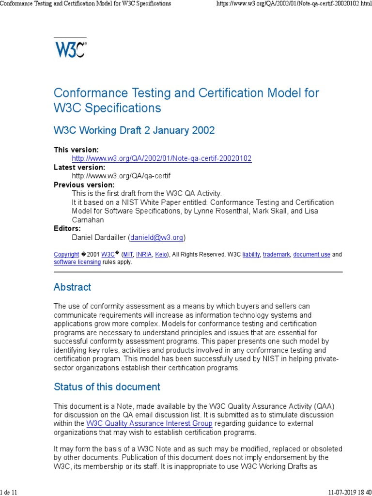 Conformance Testing and Certification Model For W3C Specifications ...