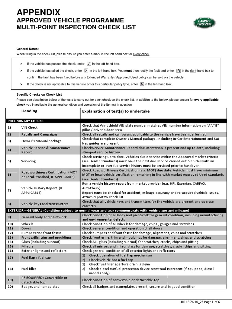 D4 Approved Vehicle Programme MultiPoint Inspection Check List