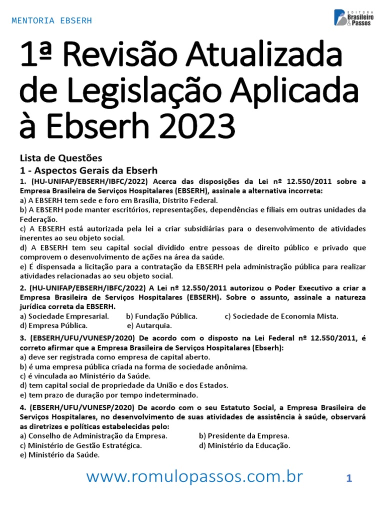 Questões sobre a EBSERH 2023 | PDF | Administração pública | Conselho ...