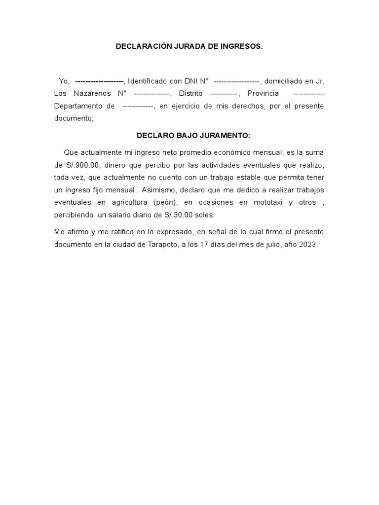 Declaración Jurada de Ingresos Mensuales | PDF