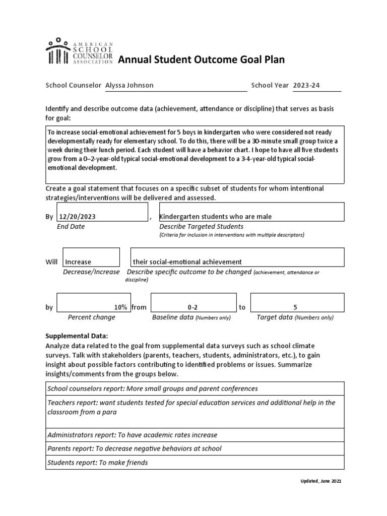 Annual student outcome goal plan pdf mindset learning