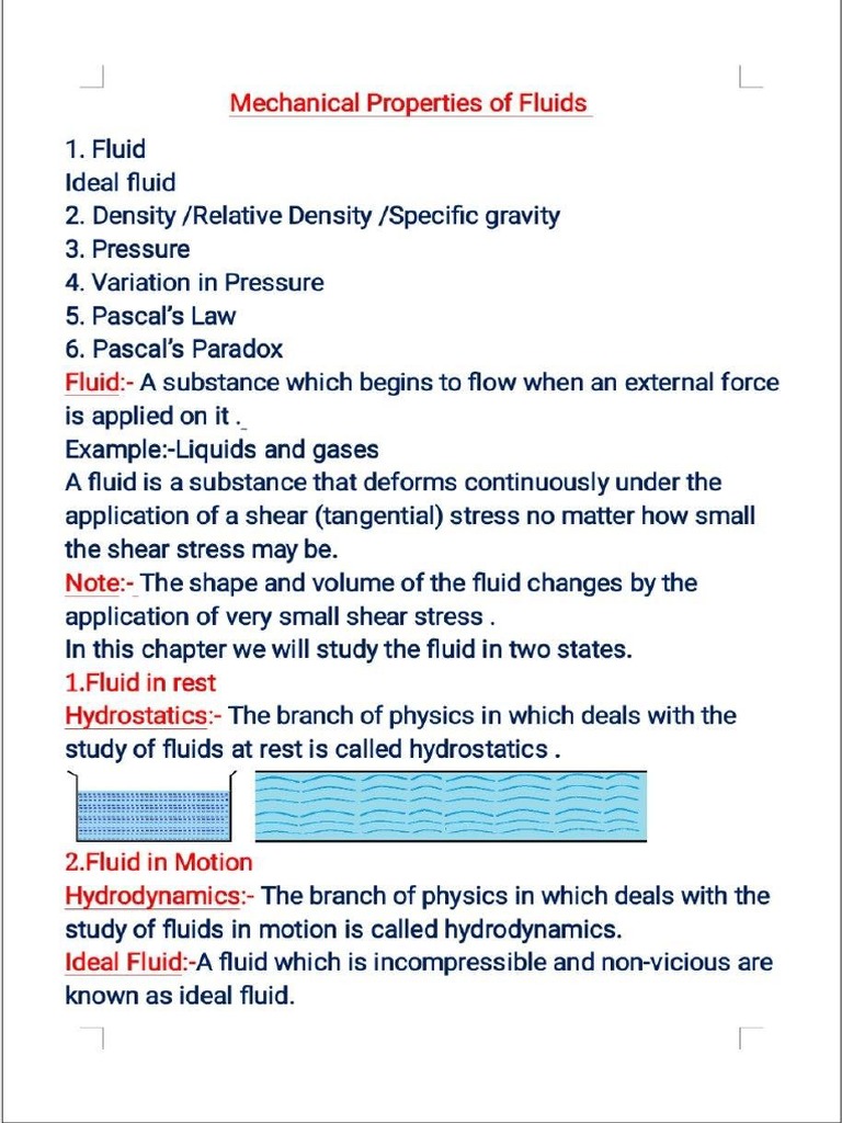 Mechanical Properties of Fluids Notes | PDF