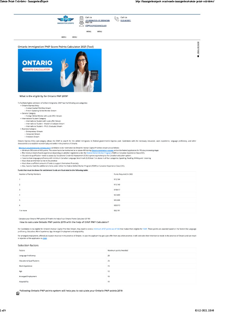 Ontario Immigration PNP Score Points Calculator 2021 PDF