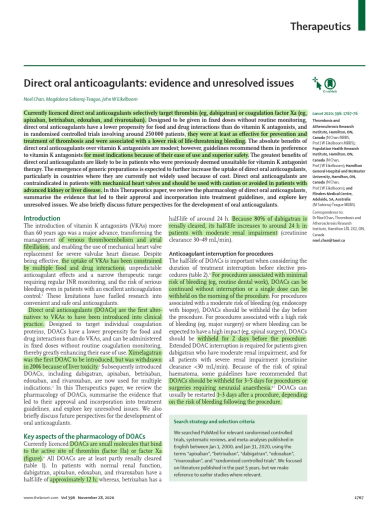 Direct Oral Anticoagulants Evidence and Unresolved Issues 2020 | PDF ...