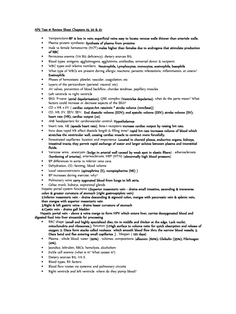 Review Sheet Ap2 Test 1 19 20 21 Exam 1 Pdf Heart