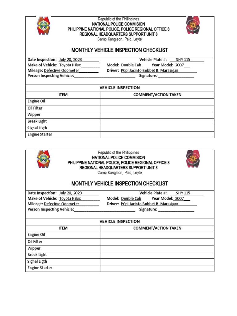 Monthly Vehicle Inspection Checklist | PDF