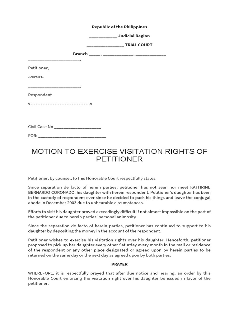 Motion To Exercise Visitation Rights of Petitioner PDF Contact (Law