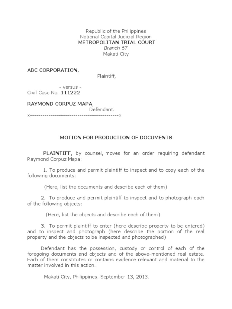 Motion For Production Of Documents Pdf Legal Procedure Political Law