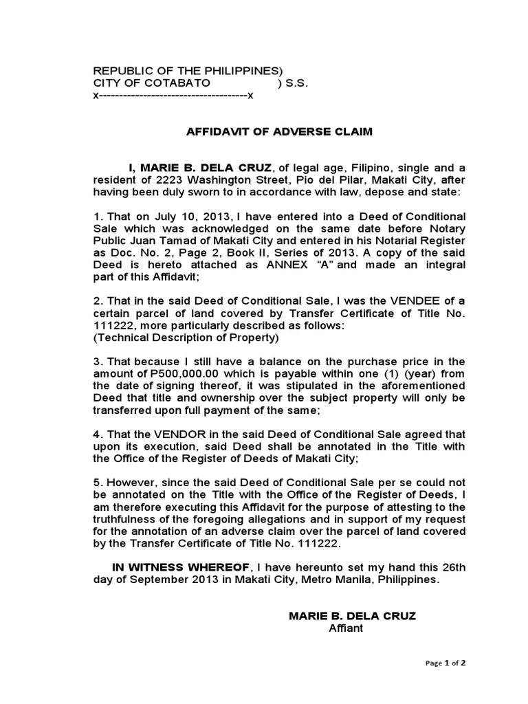 Affidavit of Adverse Claim in Makati | PDF | Law