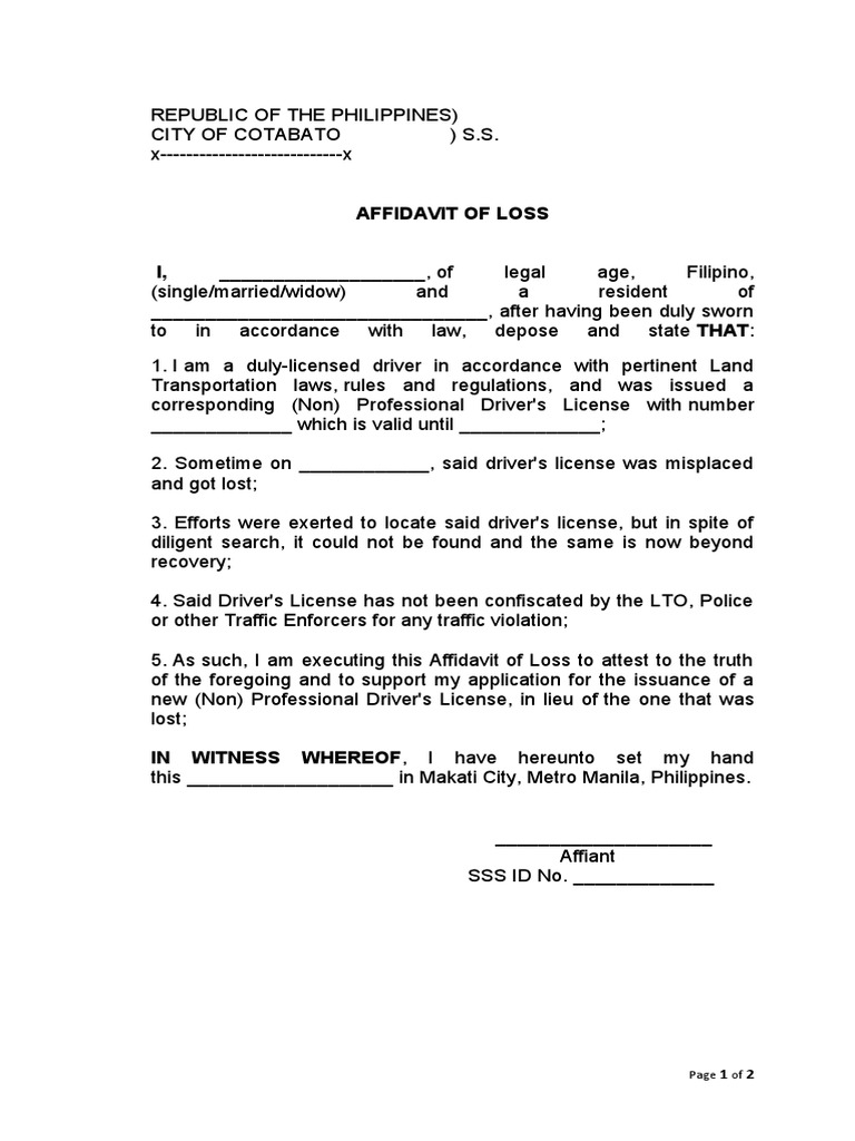 Affidavit of Loss for Driver's License | PDF