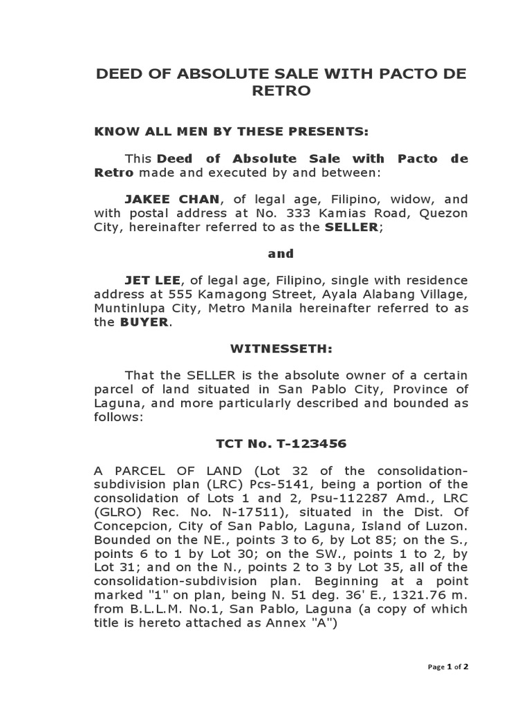 Deed of absolute sale with pacto de retro pdf conveyancing law