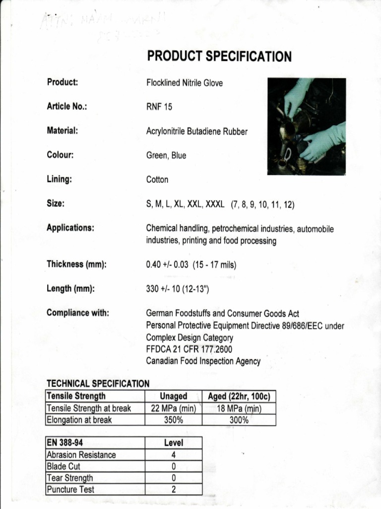 RNF 15 Flocklined Nitrile Gloves Specs | PDF